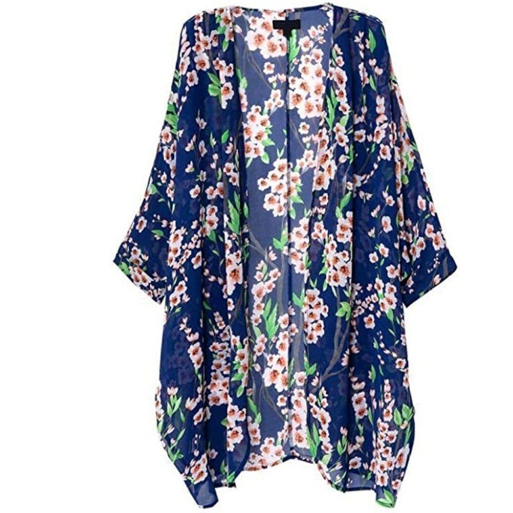 Olrain, Navy Cherry Blossom Sheer Kimono- Size Medium